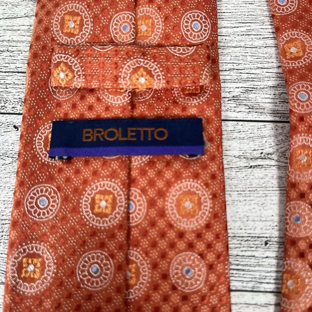 Broletto Mens 100% Silk Necktie Orange/White/Blue Geometric Circle Formal EUC